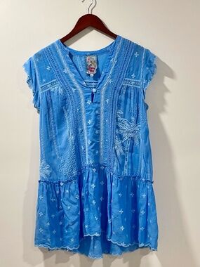 Johnny Was Blue Embroidered Pintuck Boho Blouse Top Cupra Rayon Flutter Sleeve S